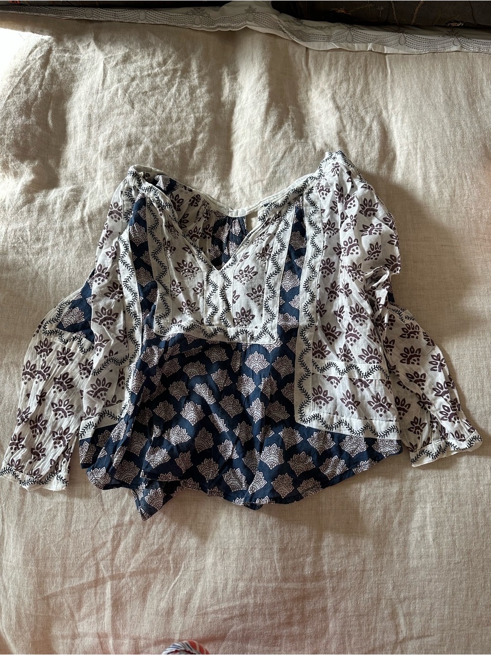 Rapsodia Mixed-Print V-Neck Peasant Blouse in Navy and White, XXS